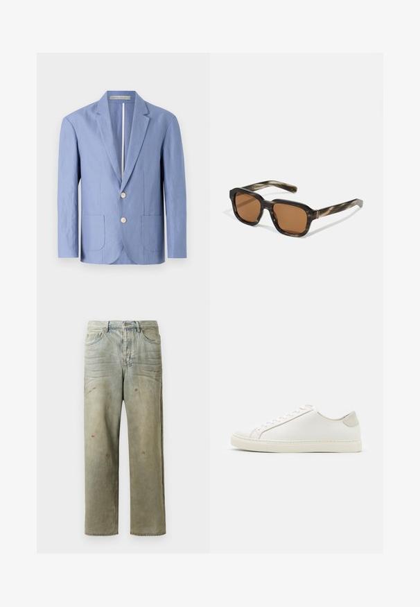 Blazer azzurro chiaro realizzato in tessuto leggero, caratterizzato da un design a un petto, due tasche frontali e bottoni rotondi in legno.; T-shirt bianco a maniche corte realizzato in morbido cotone, con collo rotondo e vestibilità standard, senza fantasie né hardware visibili.; Jeans in denim strappato di colore verde chiaro, con gamba dritta, design a cinque tasche, sbiaditure irregolari e schizzi di vernice.; Sneaker bianca in pelle con superficie liscia, punta rotonda e design minimalista. Presenta dettagli beige sul tallone e una suola in gomma.; Occhiali da sole in plastica con motivo tartaruga, lenti marroni ottagonali e sottili dettagli in metallo dorato sulla montatura.