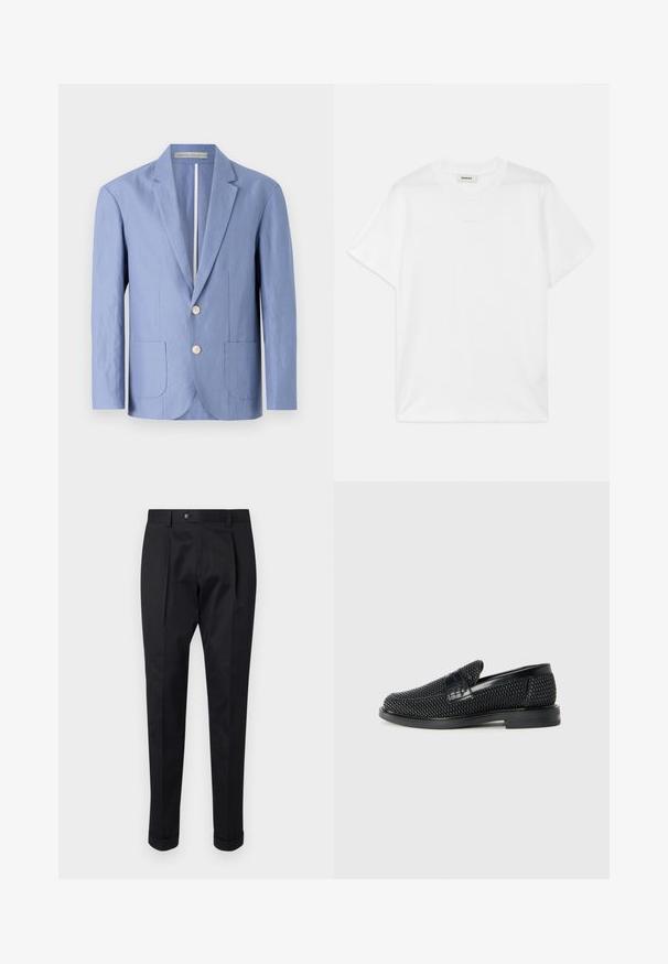 Világoskék zakó, könnyű anyagból készült, egysoros fazonnal, két elülső zsebbel és kerek fa gombokkal.; Fehér pamut póló, kerek nyakkal, rövid ujjakkal és diszkrét logóval az elején. Simma textúrájú és egyszerű dizájnú.; Fekete nadrág sima anyagból, elöl hajtással, gombos záródással és felgöngyölt szárakkal a bokánál.; Fekete szőtt slip-on cipő sima bőr díszítéssel a felsőrészen, kerek orral és alacsony profilos gumitalppal.
