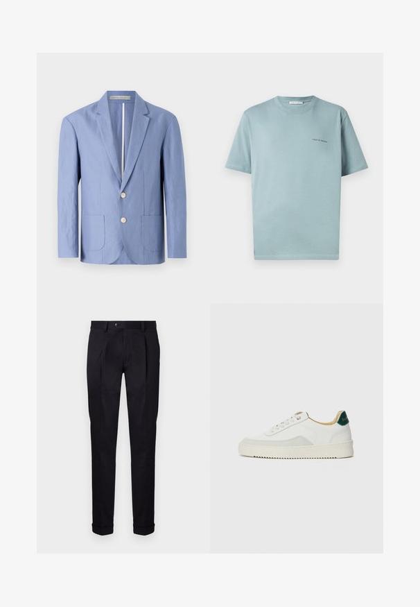 Blazer bleu clair en tissu léger, avec un design à une seule boutonnière, deux poches avant et des boutons ronds en bois.; T-shirt en coton bleu clair avec un col rond, des manches courtes et un petit logo "TIGER OF SWEDEN" sur la poitrine gauche. Texture lisse.; Pantalons noirs sur mesure en tissu lisse, avec une taille plate, deux plis avant et des ourlets à revers pour un look propre et structuré.; Baskets blanches avec des accents en daim, bout arrondi, lacets plats et semelle en caoutchouc crème. Présente une marque verte sur le talon.
