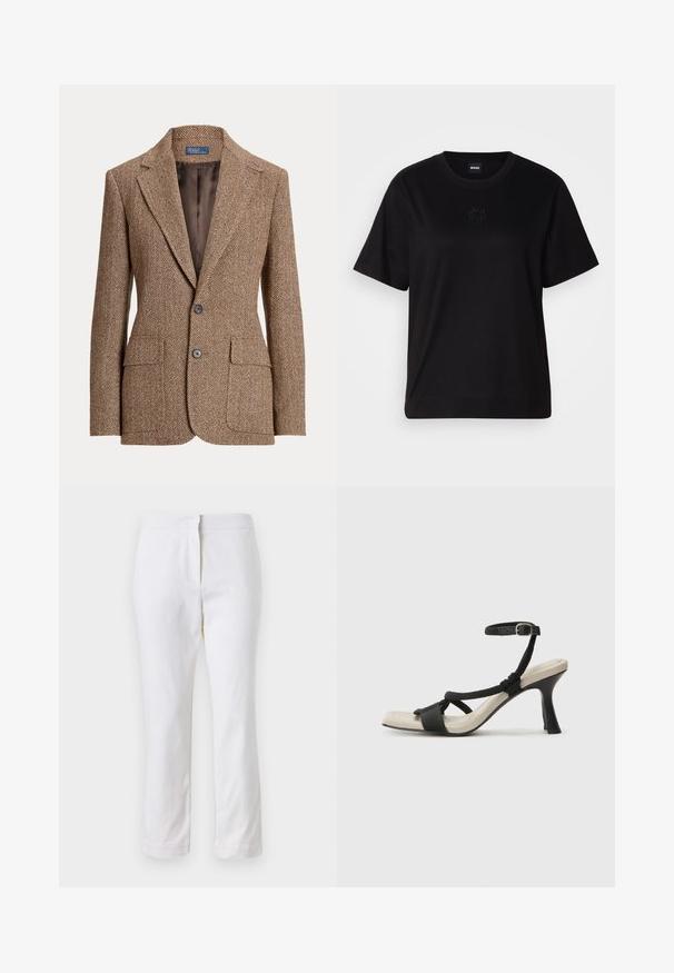 Blazer de lã castanha em padrão espinha de peixe, com lapelas recortadas, dois bolsos frontais com aba, dois botões e forro interior castanho suave.; T-shirt de algodão preto com decote redondo, mangas curtas e um logótipo bordado no peito. Corte simples e descontraído, sem padrões.; Calças de algodão brancas com um design de perna reta, apresentando uma cintura de altura média e sem hardware ou padrões visíveis. Textura suave por toda a peça.; Sandal com salto alto preto e design de tiras trançadas, bico quadrado e tira de tornozelo ajustável. Sola em tom bege claro com um salto preto brilhante.
