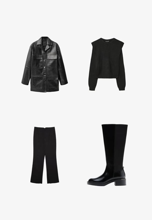 Sort læderjakke med lige pasform, store forlommer og knaplukninger. Har en klassisk krave og glat tekstur.; Sort striktrøje med lange ærmer, polstrede skuldre og ribkantede manchetter og kant, vist mod en hvid baggrund.; Sorte bukser med lige pasform, der har frontlommer og slidser i kanten. Lavet af blødt, glat stof. Velegnet til forskellige anledninger.; Sort knæhøj støvle med glat læderfinish, tydelig syning, en klodset hæl og en struktureret bagpanel for ekstra interesse.