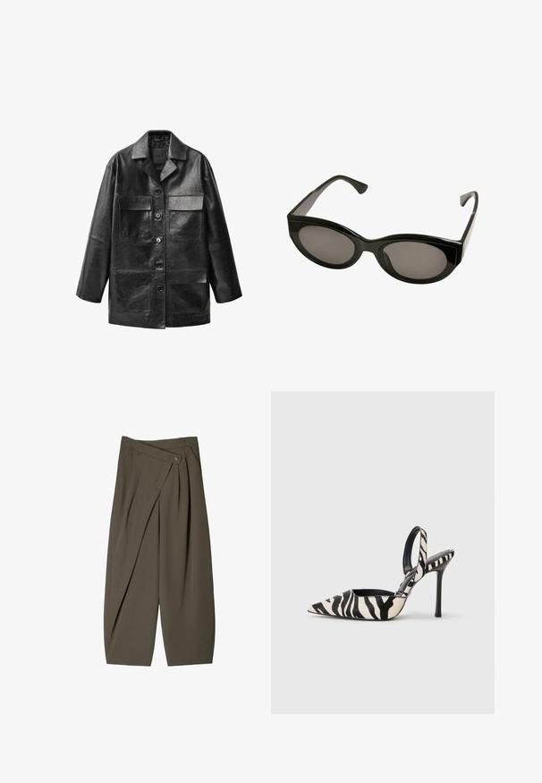 Sort læderjakke med lige pasform, store forlommer og knaplukninger. Har en klassisk krave og glat tekstur.; Sort langærmet top med ribbet tekstur og gennemsigtig mesh-detalje ved skuldrene. Sammen med højtaljede sorte bukser.; Bredde-bukser i mørke olivengrønne stoffer, med en plisseret frontdesign, en knaplukning og en poleret, struktureret overflade.; Spids-syntetiske slingback hæle i sort og creme zebra-mønster, med en slank høj hæl og åben bagdesign med en sort inderside.; Sorte solbriller med en blank finish, ovale linser og kantede stel. Designet har tykke stænger og en slank silhuet.; Brun læderhandbag med et rundt håndtag, subtil struktur og detaljer i guldhardware; inkluderer en aftagelig skulderrem og et tag.