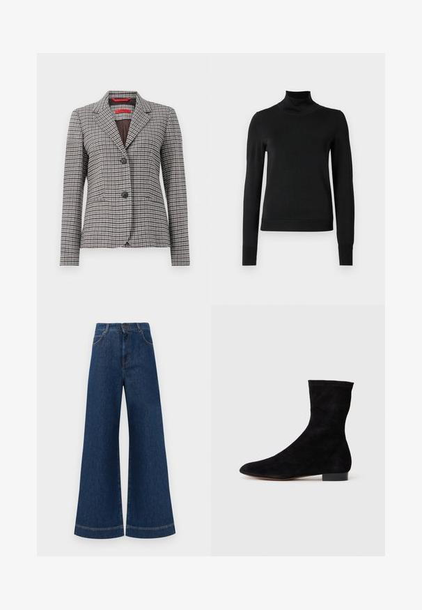 Barna és szürke kockás blézer, textúrált anyagból készült, amelyek jellemzői közé tartozik a kivágott gallér, a kétsoros gombolás és a két elülső zseb.; Fekete, hosszú ujjú garbós pulóver bordás mandzsettákkal és aljjal, sima fehér háttér előtt bemutatva.; Magas derekú, széles lábú kék farmernadrág, gombos záródással, övhurkokkal és diszkrét varrási részletekkel a zsebeknél és a szegélyeknél.; Fekete velúr bokacsizma, illeszkedő szárral, hegyes orral és alacsony blokk sarokkal. Simább felület és minimalista dizájn, amely sokoldalú stílushoz megfelelő.