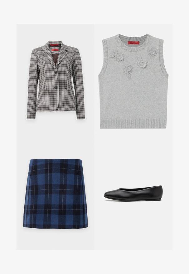Brown and gray checkered blazer made of textured fabric, featuring a notched collar, two-button closure, and two front pockets.; Light grey sleeveless sweater with a ribbed neckline and hem. Features three textured floral appliqués on the front. Brand label: MAX&Co.; Plaid mini skirt in dark blue and navy, made of soft fabric with a slightly textured finish. Features a straight cut and clean lines.; Paul Smith TOPANGA - Ballet pumps - black