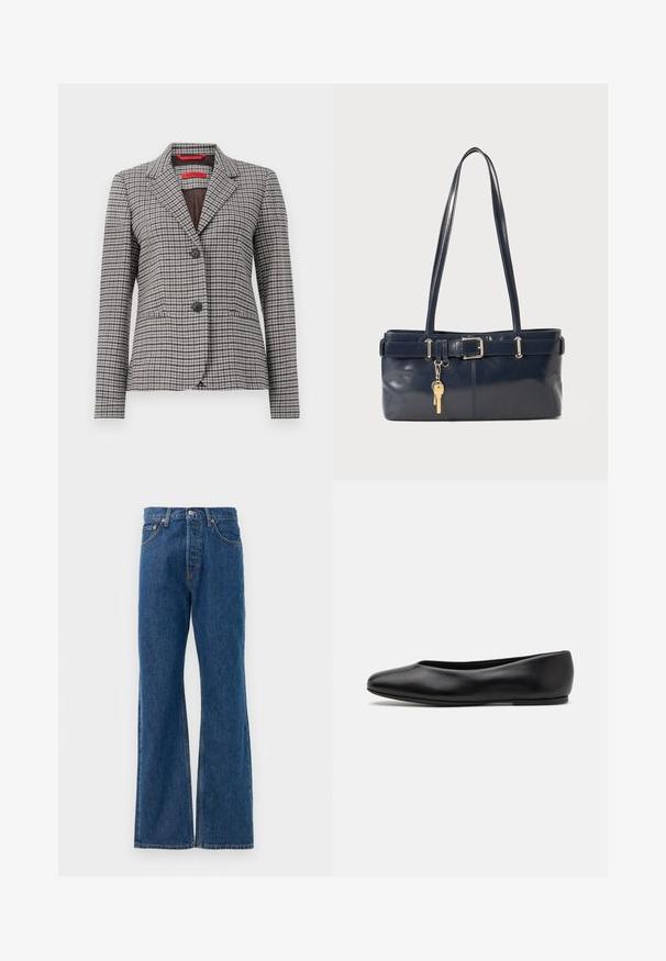 Blazer a cuadros marrón y gris hecho de tela texturada, con solapa de muesca, cierre de dos botones y dos bolsillos frontales.; Camisa de botones a rayas con base blanca, que presenta líneas multicolores estrechas en azul, naranja y verde. Mangas largas y cuello clásico.; Vaqueros acampanados de mezclilla azul con alta cintura, que cuentan con cinco bolsillos, un cierre de botón plateado y costuras visibles.; Paul Smith TOPANGA - Bailarinas - black; Bolso de mano de cuero navy con dos asas largas, un detalle de hebilla y un llavero adjunto. Presenta una textura suave y una forma rectangular.