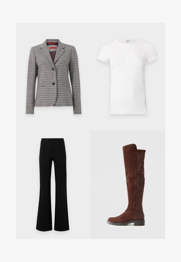 Blazer à carreaux marron et gris en tissu texturé, avec un col cranté, une fermeture à deux boutons et deux poches avant.; T-shirt à manches courtes blanc côtelé avec un col rond. Le tissu semble lisse avec une silhouette ajustée. Étiquette de marque visible au niveau du col.; Pantalons évasés noirs avec une taille haute, fabriqués en tissu extensible. Présente des détails de couture verticaux sur le devant et une texture lisse.; Botte en daim et tissu marron, haute, avec un petit talon noir et un bout arrondi, présentée en vue de profil sur un fond blanc uni.