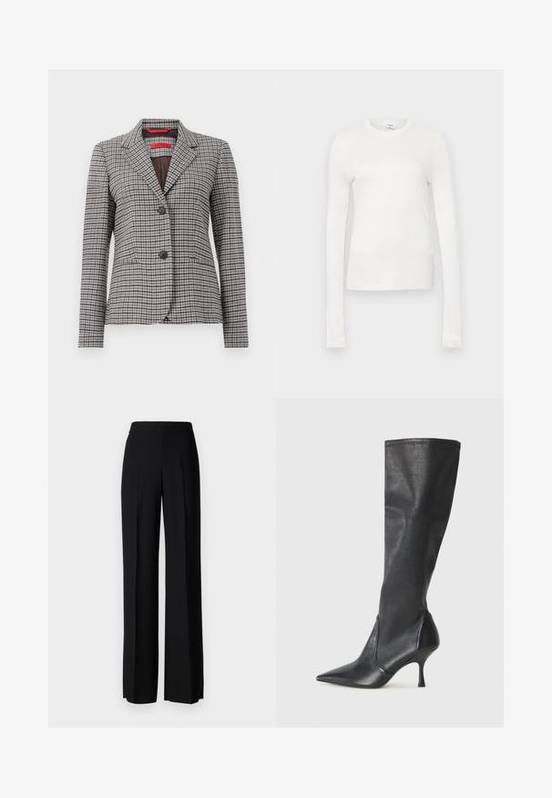 Brun og grå ternet blazer lavet af struktureret stof, med en notched krave, to-knaps lukning og to forlommer.; Hvid langærmet t-shirt lavet af blødt bomuld. Har rund halsudskæring, tætsiddende silhuet og glat tekstur. Ingen mønstre eller accenter.; Sorte vide benbukser med en glat tekstur, der har en høj talje og centerfolder. Ingen synlige mønstre eller hardware detaljer.; Knæhøje sorte læderstøvler med spidse tæer og slanke stiletto-hele. Glat tekstur med en tætsiddende design og syninger ved toppen.