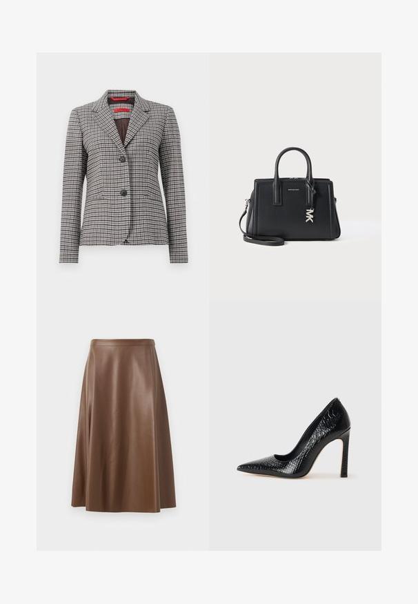 Brun og grå rutete blazer laget av teksturert stoff, med klippede krager, lukking med to knapper og to frontlommer.; Svart tanktopp med tynne spaghettistropper, laget av et ribbet stoff, med en rett passform og et etikett ved utringningen som sier "IVY OAK."; Brun lær A-linje skjørt med en glatt tekstur og midilengde hem. Har en tettsittende linning og en lett utvidelse fra hoftene.; Sorte spiss-tå høye hæler med krokodilleskinn tekstur, har et elegant design, høy stiletthæl og glatt svart interiør.; Svart skinnveske med strukturert design, doble håndtak, avtakbar skulderrem og sølvfarget MK-pendantdetalj. Teksturert overflate.