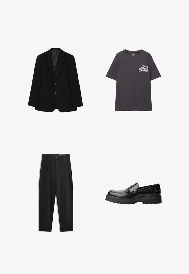 Blazer nero con una texture liscia, design strutturato, revers a due punte, due tasche frontali e chiusura a due bottoni. Stile classico e versatile.; T-shirt in cotone grigio con maniche corte, scollatura rotonda e testo stampato in bianco sul lato sinistro del petto. Tessuto morbido e vestibilità comoda.; Pantaloni in cotone neri con una vestibilità rilassata, dotati di una vita classica, pieghe frontali e tasche laterali. Tessuto liscio senza fantasie.; Mocassino in pelle nera con suola spessa e tassellata e fascia decorativa sulla parte superiore, mostrato in profilo sinistro su sfondo bianco.