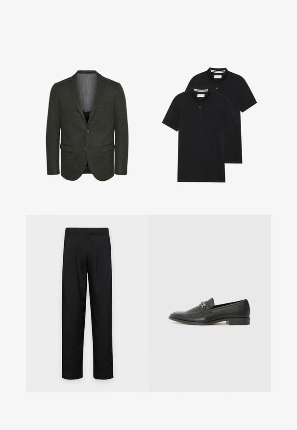 Temno zelen blazer iz teksturirane tkanine, z zareznim ovratnikom, dvema sprednjima žepoma in zapiranjem na dva gumba. Viden podložen notranji del.; Dve črne polo majice, kratke rokave, iz bombažnega materiala, z klasik ovratnikom, dvobodno zaponko in belimi črtkami znotraj ovratnika.; Črne hlače iz gladkega materiala, s krojem ravne noge, dvema sprednjima pregiboma in standardnim pasom z zankami za pas.; Črni usnjeni loafer z gladko površino, ki ima šivano zasnovo in dekorativni kovinski verižni naglas preko vampirja. Ravno peto.