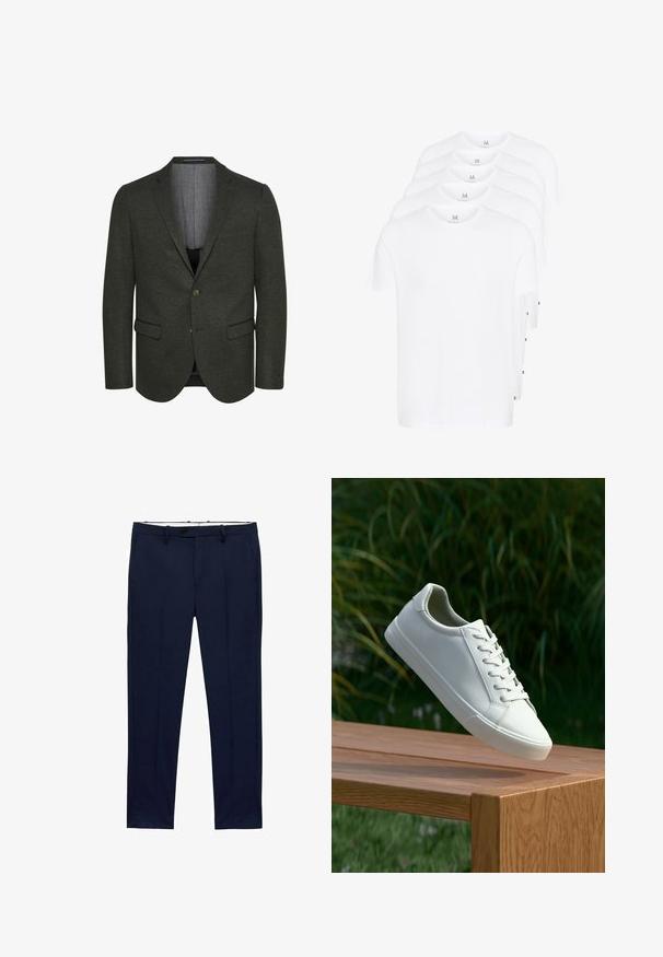 Dark green blazer made of textured fabric, featuring a notched lapel, two front pockets, and a two-button closure. Lined interior visible.; White short-sleeve t-shirts stacked, made of cotton. Features a round neck and a straight cut. Fabric appears smooth with no patterns.; Navy blue trousers with a slim fit and pinstripe pattern. Features a zipper fly, belt loops, and front pockets. Smooth fabric texture.; White lace-up sneaker hovering above wooden bench with green foliage in the background, showcasing shoe design and texture.