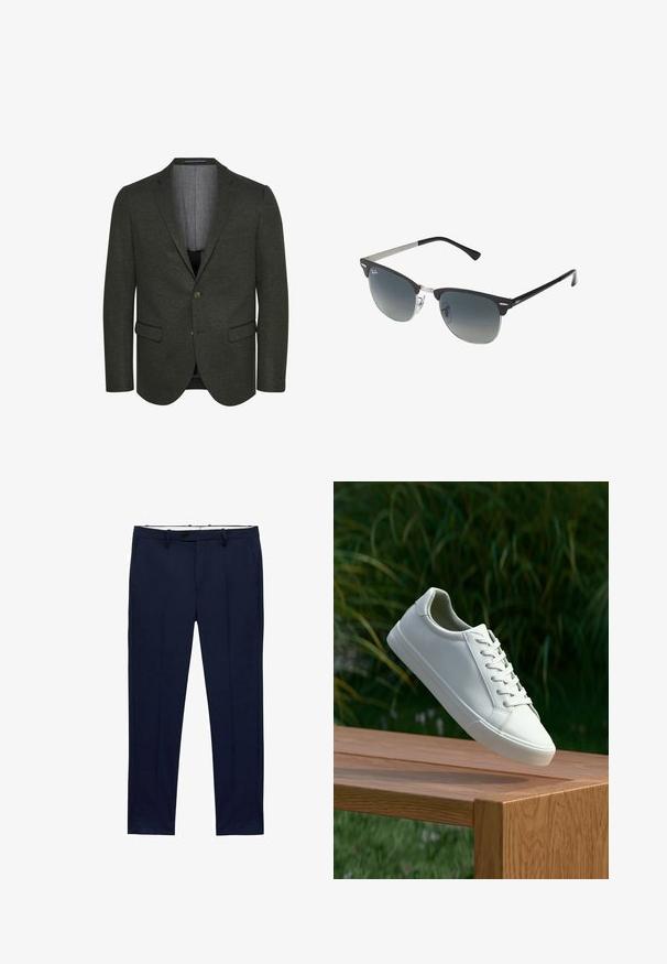 Temno zelen blazer iz teksturirane tkanine, z zareznim ovratnikom, dvema sprednjima žepoma in zapiranjem na dva gumba. Viden podložen notranji del.; Bele kratke majice s kratkimi rokavi, zložene, narejene iz bombaža. Imajo okroglo ovratnico in raven kroj. Tkanina se zdi gladka brez vzorcev.; Temno modri hlače s ožjim krojem in vzorcem črt. Zasnovane so z zadrgo, pasnimi zankami in sprednjimi žepi. Gladek teksturiran material.; Beli vezani športni čevlji, ki lebde nad leseno klopjo z zelenim rastlinjem v ozadju, prikazujejo obliko in teksturo čevlja.; Črne in srebrne sončna očala v obliki mačjih oči, z gradientnimi lečami in kovinskimi dodatki na okvirju. Plastične ročke s sivimi konicami.