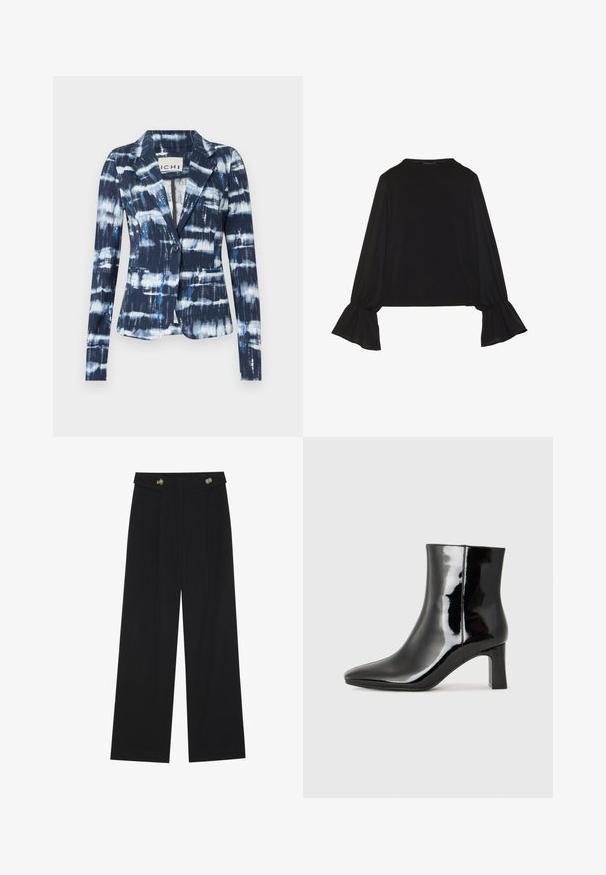 Blazer bleu marine avec un motif tie-dye comportant des bandes bleu clair et blanches, fermeture à un bouton et deux poches avant.; Top noir à manches longues avec des poignets évasés, texture douce et coupe décontractée, doté d'un col rond simple.; Pantalons larges noirs à taille haute, avec des détails de boutons à la taille et des plis sur le devant.; Bottines en cuir verni noir avec un bout pointu et un talon block de hauteur moyenne. Texture lisse et design minimaliste.