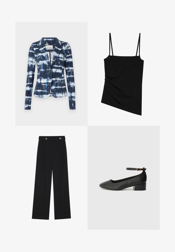 Mornarsko moder blejzer z vzorcem tie-dye, ki ima svetlomoder in bel vzorec, z zapiranjem na en gumb in dvema sprednjima žepoma.; Črn brezrokavnik s tankimi naramnicami; vsebuje drapirano zasnovo na eni strani in gladko teksturo; izdelan je iz raztegljive tkanine.; Črne široke hlače s visokim pasom, gumbnimi detajli na pasu in sprednjimi gubami.; Črne usnjene pumpice z nazobčanimi prsti in nizko blokasto peto. Imajo trak okoli gležnja z zaponko v zlatem tonu. Gladka tekstura.