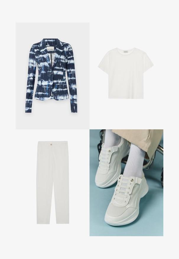 Navy blue blazer with a tie-dye pattern featuring light blue and white streaks, single button closure, and two front pockets.; White short-sleeve T-shirt made of soft cotton. Features a round neckline and relaxed fit. Clean design with no visible patterns or accents.; White, tailored trousers with a straight leg design, featuring a button closure, belt loops, and side pockets; smooth fabric texture.; White sneakers featuring a mesh material, rubber sole, lace-free design with elastic bands, and gold-toned accents.