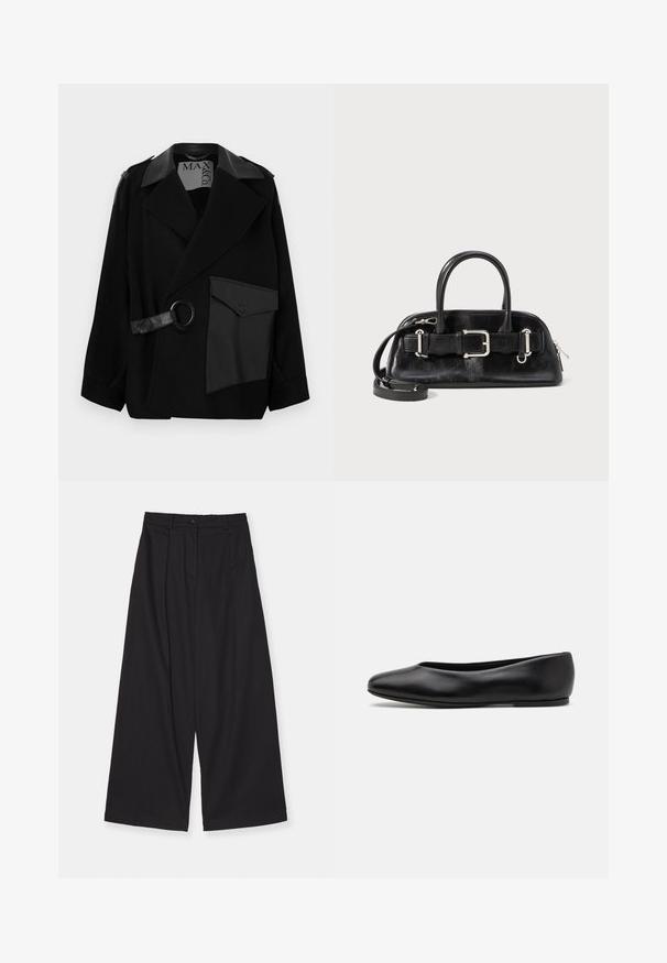 Schwarzer Wollmischmantel mit lederakzentuiertem Kragen, asymmetrischem Vorderteil, Seitentasche und einem Lederriemen mit Metallring.; Weiße Bluse mit Knopfleiste, langen Ärmeln, kleinen schwarzen Punkten überall und größeren schwarzen Punkten am Kragen und an den Manschetten.; Schwarze weite Hosen aus einem glatten Stoff, mit hoher Taille, vorderen Falten, einem Knopfverschluss und einer geraden Silhouette.; Paul Smith TOPANGA - Klassischer Ballerina - black; Schwarze Ledertasche mit Reißverschluss, zwei kurzen Griffen und einem abnehmbaren Umhängeriemen; verfügt über eine Schnallen-Details am Riemen.