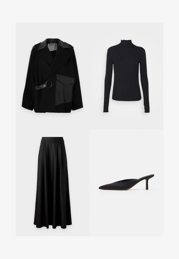 Black wool blend coat with leather-accented collar, asymmetrical front, side pocket, and a leather strap with a metal ring.; Black long-sleeve turtleneck top made of smooth fabric, featuring a ruffled neck and fitted silhouette with simple edges.; Black, floor-length skirt with a smooth texture, wide waistband, and pleated design, featuring no visible patterns or embellishments.; Black pointed-toe mule with a sleek design, made of smooth fabric, featuring a slender heel and open back for easy wear.
