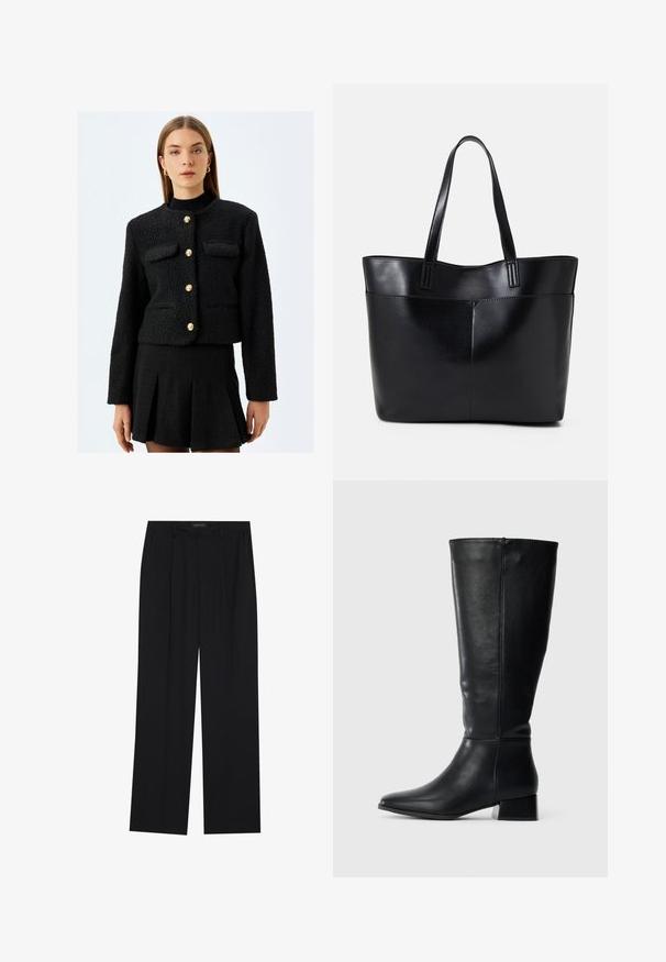 Koton Blazer - black; Zwarte langemouwen top met uitlopende manchetten, een zachte textuur en een relaxed fit, met een eenvoudige ronde halslijn.; Zwarte broeken met een rechte pijpontwerp, voorzien van twee voorkanten zakken en een tailleband. Gemaakt van een gladde, lichte stof.; Zwarte leren kniehoge laars met een lage blokhak en een spitse neus, vanaf de zijkant weergegeven op een effen lichte achtergrond.; Zwarte leren tote bag met twee lange handvatten, een zachte textuur en een gestructureerde vorm. Voorzien van een voorvak voor extra opslagruimte.