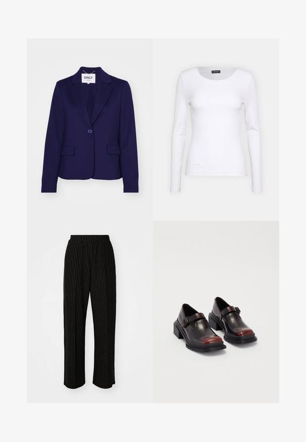 Blazer bleu marine en tissu lisse, avec une fermeture à un bouton, deux poches avant et des revers crantés. L'étiquette à l'intérieur indique "ONLY."; T-shirt à manches longues blanc côtelé avec un col rond. Fabriqué en un tissu extensible qui épouse le corps. Présente de fines lignes horizontales.; Pantalons larges noirs avec des rayures verticales blanches, dotés d'une taille élastique pour le confort et d'une texture lisse et douce.; Chaussures à talons carrés en cuir avec une finition bordeaux foncé brillante, dotées d'une sangle avec boucle et d'un design à bout arrondi. Semelle texturée pour une meilleure adhérence.