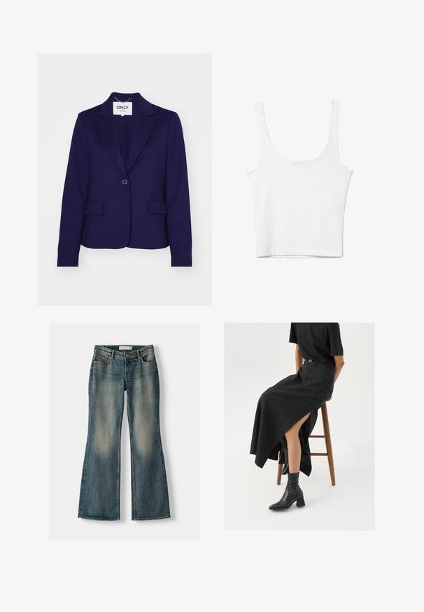 Námornícky modrý blejzer vyrobený z hladkej tkaniny, so zapínaním na jeden gombík, dvoma prednými vreckami a s notched klopami. Na vnútornej etikete je nápis "ONLY."; Biely bavlnený top bez rukávov s okrúhlym výstrihom a priliehavým strihom. Hladká textúra, jednoduchý dizajn a minimálne švy.; Modré vyšívané džínsy s vyblednutým vzhľadom, piatimi vreckami a zapínaním na gombík. Materiál zobrazuje denimovú textúru s jemnými švovými detailmi.; Čierna ľanová maxi sukňa s vysokým rozparkom, nosená s čiernym tričkom a čiernymi členkovými čižmami. Minimalistický dizajn s voľným strihom.