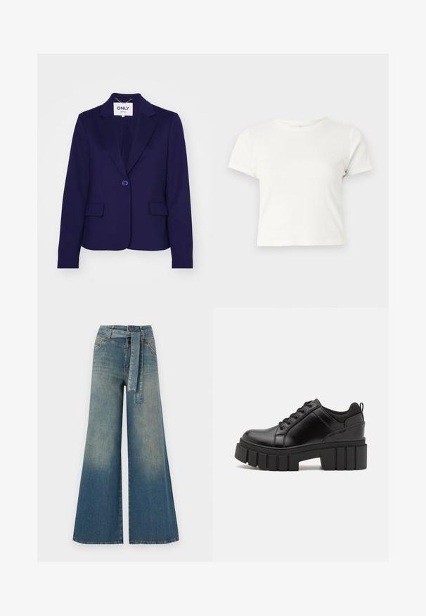 Tumesinine bleiser, mis on valmistatud siledast kangast, millel on üks nupp, kaks esikoti ja sälguga krae. Sildi peal on kirjas "ONLY."; Lühike valge T-särk, mis on valmistatud puuvillast, lühikeste varrukatega, ümmarguse kaelusega ja sirge lõikega, omades sileda tekstuuri ja minimaalset disaini.; Laiad denimpüksid, millel on hele tume sinine gradiendiefekt, kõrge vöökoht, vöökumlid ja sobivast kangast vöö. Struktureeritud denimi viimistlus.; Must musta platvormsussid paksu plokkninal, ümmarguse varbaga ja traditsioonilise nööridega kinnitamisega. Sussid on sileda tekstuuriga ja minimaalsete detailidega.