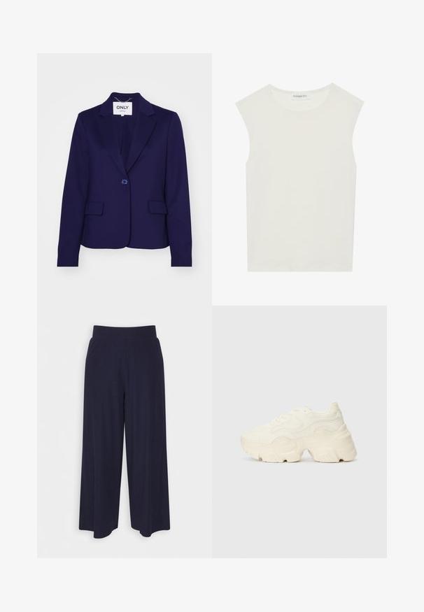 Marineblaues Blazer aus glattem Stoff, mit einem Ein-Knopf-Verschluss, zwei Fronttaschen und aufgeschlitzten Revers. Das Etikett innen trägt die Aufschrift "ONLY."; Weißes ärmelloses Top mit rundem Ausschnitt. Hergestellt aus glattem Stoff, hat es einen lässigen Schnitt und minimalistisches Design. Keine Muster oder Akzente.; Weit geschnittene Hosen aus dunkelnavy Stoff mit strukturiertem Rippendesign. Merkmale sind ein glatter Hosenbund und eine luftige Silhouette, die bis zur Mitte der Wade reicht.; Flockige weiße Sneaker aus strukturiertem Mesh und synthetischen Materialien, mit einer dicken Sohle und komplizierten Mustern entlang der Seiten.