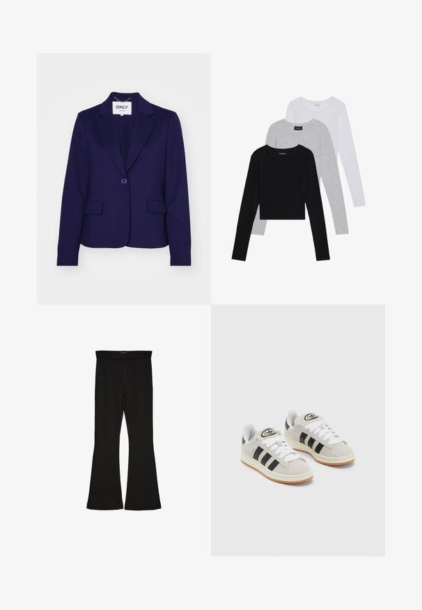 Navy zila žakete, kas izgatavota no gludas auduma, ar vienu pogas aizdari, divām priekšējām kabatām un iegrieztiem uzmavām. Iekšpusē ir etiķete ar uzrakstu "ONLY."; Trīs garām piedurknēm veidotas augšdaļas, sakrautās: melna, pelēka un balta. Katram ir noapaļots kakla izgriezums un īsa dizaina forma ar gludu, vieglu audumu.; Melnas flared leggings, kas izgatavotas no stiepjama auduma. Iezīmējas ar platu jostasvietu un gludu tekstūru, ar pieguļošu siluetu, kas paplašinās pie apakšmalas.; Pelēkas zamšādas kedas ar baltām saites, melnām svītrām un baltu gumijas zoli. Raksturīga apļa logo uz mēles un gumijas zole.