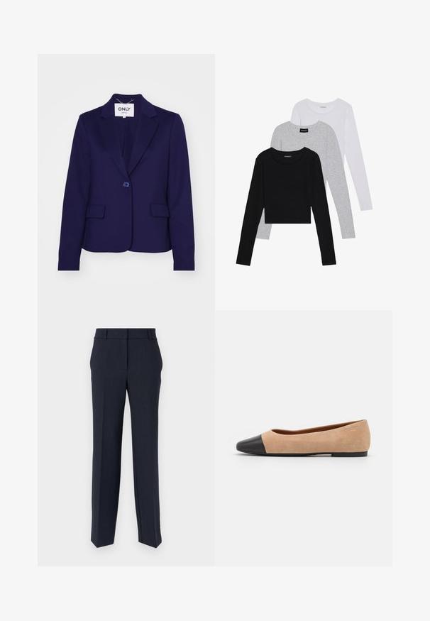 Tamno plavi sako od glatkog materijala, s jednim dugmetom, dva prednja džepa i oštrim reverima. Unutrašnja oznaka glasi "ONLY."; Tri dugih rukava posložena: crna, siva i bijela. Svaka ima okrugli izrez i skrateni kroj s glatkom, laganom tkaninom.; Mornarice krojene hlače ravnog kroja, glatke teksture i s ravnim prednjim dijelom. Sadrže dva bočna džepa i klasičan elastičan pojas.; Bež balerinke od suede materijala s crnim kožnim zaobljenim vrhom, niskom potpeticom i glatkom površinom, s minimalnim šavovima i čistim dizajnom.