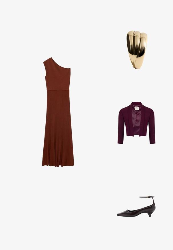 Cropped blazer in deep burgundy fabric with a smooth finish, featuring a satin interior and a shawl collar. No fastenings, tailored design.; Asymmetrical brown ribbed dress with one shoulder design; fitted bodice flares into a wide skirt. Smooth texture throughout.; Dark brown pointed-toe leather kitten heel shoe with a thin ankle strap and a small gold buckle.; Mango Tote bag - dark brown; Mango Bracelet - gold-coloured