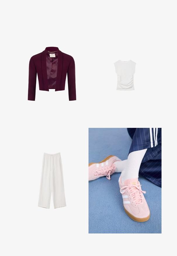 Kurzjacke aus tiefburgunderfarbenem Stoff mit glatter Oberfläche, ausgestattet mit einem Satinfutter und einem Schalkragen. Ohne Verschlüsse, maßgeschneidertes Design.; Weißes Kurzarmoberteil mit Rundhalsausschnitt. Verfügt über geraffte Textur an den Seiten und eine figurbetonte Silhouette, gefertigt aus weichem, dehnbarem Material.; Weiße weit geschnittene Hose aus leichtem Stoff. Mit einem elastischen Bund und Kordelzug sowie Seitentaschen. Glatte Textur.; Hellrosa Wildleder-Sneaker mit weißen Streifen und Schnürsenkeln, ausgestattet mit einer strukturierten Zunge und einer Gummisohle, auf einem blauen Teppich platziert.