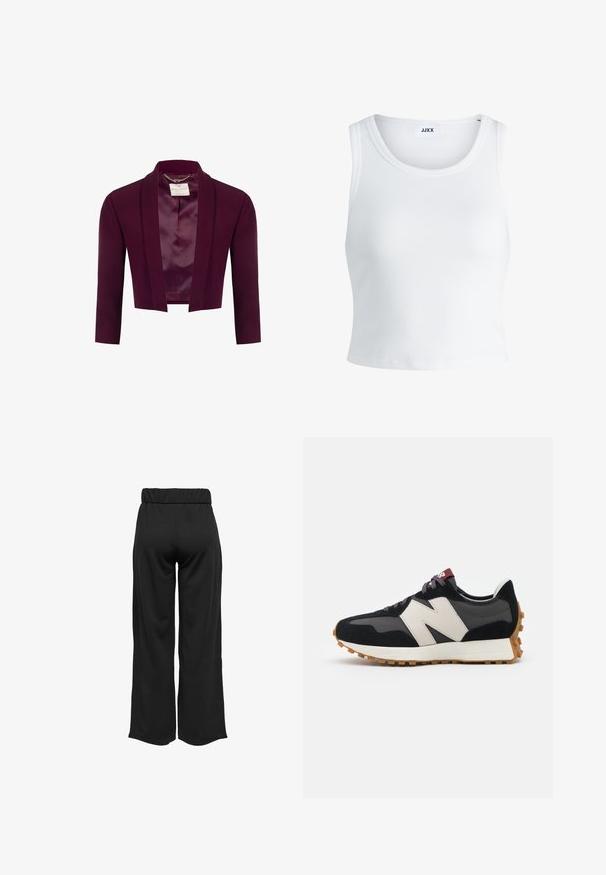 Skrócona marynarka w głębokim burgundowym odcieniu z gładkiego materiału, z satynowym wnętrzem i kołnierzem szalowym. Bez zapięcia, dopasowany krój.; Biały prążkowany top na ramiączkach z okrągłym dekoltem, bez rękawów i skróconej długości. Metka z napisem "JJXX." Gładka faktura materiału.; Czarne, szerokie spodnie z elastycznym pasem, wykonane z gładkiego materiału. Charakteryzują się prostym wzornictwem, bez kieszeni i widocznych szwów.; Czarno-szare zamszowe sneakersy z dużym kremowym logo "N", purpurowymi sznurówkami i teksturowaną gumową podeszwą.