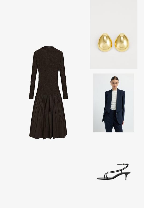 Žena s slicked-back vlasy, oblečená ve zlatých náušnicích, námořnickém pruhovaném obleku a bílé vzorované halence na čistém bílém pozadí.; Hnědé šaty s dlouhým rukávem, které mají strukturovaný živůtek se zdůrazněným pasem, přecházející do plisované rozšířené sukně. Kulatý výstřih, žádné viditelné kování.; Černé sandály na podpatku s tenkými, nastavitelnými kotníkovými pásky, minimalistickým designem, otevřenou špičkou a tenkým, středně vysokým podpatkem. Hladká textura.; Hnědá tkaná kožená taška s prohnutou, uzlovou rukojetí a zipovým uzávěrem. Hladký povrch a zaoblený tvar.; Náušnice se zlatým povrchem v podobě hladkých, lesklých kapek, které odrážejí světlo a vytvářejí zářivý vzhled.