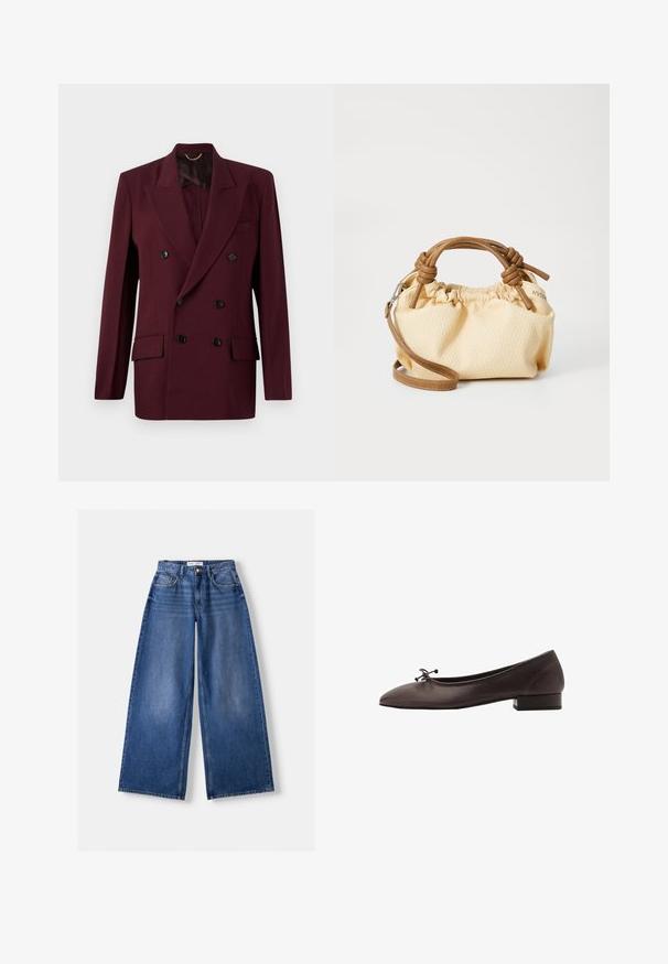 Burgundy kaksirivinen bleiseri, joka on valmistettu sileästä kankaasta ja jossa on kaksi etutaskua, mustat napit sekä terävät kaulukset.; Vaaleanruskea ribattu lyhythihainen T-paita pyöreällä pääntiellä, jossa on rento istuvuus ja pehmeä tekstuuri.; Bershka WIDE-LEG - Leveälahkeiset - dark blue; Ruske kožne balerinke s zaobljenim vrhom i malim blok petom. Imaju tanke mašne sprijeda i suptilne šavove.; Pieni, kermaisen tekstuurin käsilaukku, jossa on ruskeat nahkaiset kahvat ja irrotettava olkahihna. Kokkareinen muotoilu näkyvillä ompeluyksityiskohdilla.