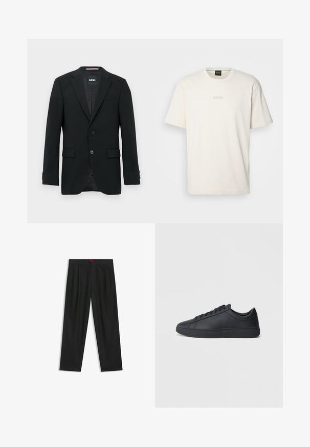 Black tailored blazer with two buttons, notched lapels, and flap pockets. Lined interior with a subtle texture pattern. Brand label: BOSS.; BOSS TEE - Basic T-shirt - open white; Black trousers with a pleated design, wide leg shape, and a smooth texture. Features a red waistband tag.; Black sneakers made of smooth leather with a low-top design, round toe, and flat rubber sole. Features laces and subtle branding.