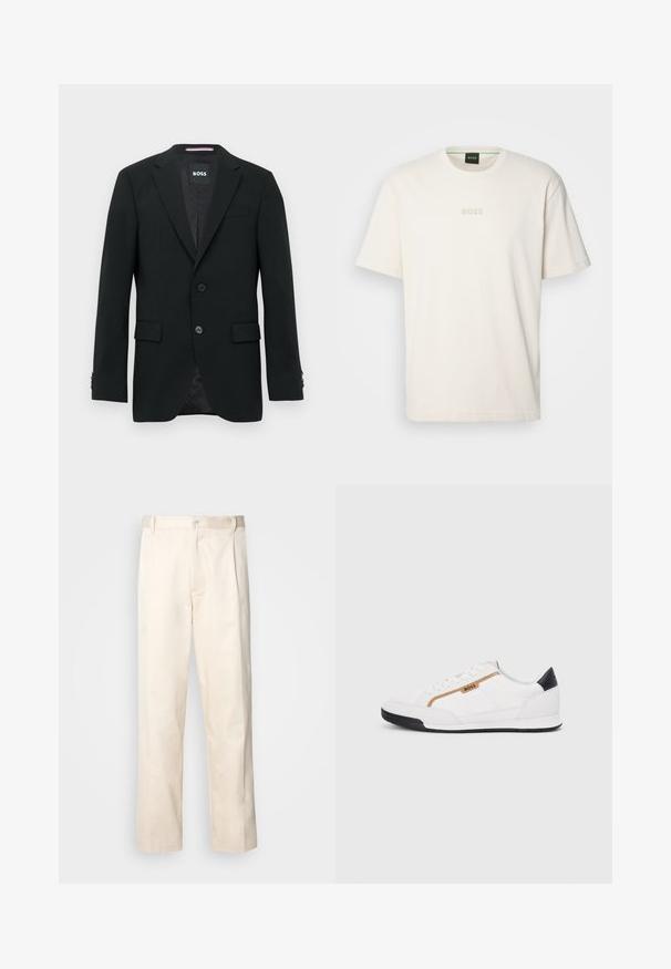 Black tailored men's blazer with notch lapels, two front buttons, flap pockets, and a branded inner label.; BOSS TEE - Basic T-shirt - open white; Beige cotton trousers with a straight-leg cut, featuring a button closure and pleats at the front for added detail.; White athletic shoes with mesh and leather accents. Features a gold "BOSS" logo, textured side panels, and a black heel cap. Rubber sole.
