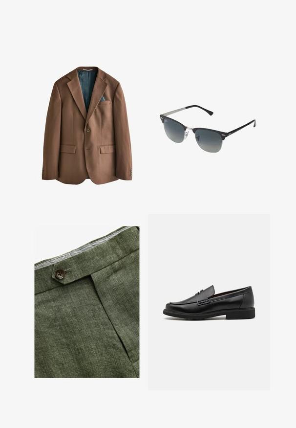 Hnedý blejzer z hladkej tkaniny. Zapínanie na jeden gombík, dve predné vrecká a viditeľné vnútorné podšívka s teal vzorom.; Svetlomodrá košeľa s dlhým rukávom a gombíkmi, s klasickým golierom, rovnými okrajmi a jemnou textúrou. Obsahuje centrálny gombíkový zapínací systém.; Olivové ľanové nohavice s predným záhybom, so zapínaním na gombík a kontrastnou kockovanou podšívkou na pase.; Čierne syntetické poltopánky s výrazným prešitým predným detailom, vycpanou vnútornou stielkou a plochou gumovou podrážkou; elegantný dizajn s minimálnym zdobením.; Čierne a strieborné slnečné okuliare v tvare mačacích očí so stupňovými šošovkami a kovovými akcentmi na ráme. Plastové nožičky s šedými koncami.