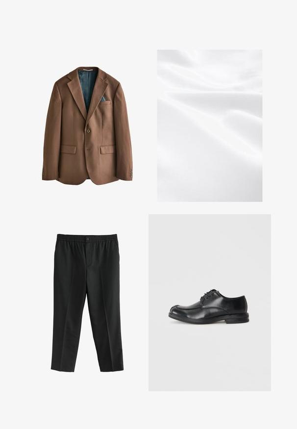 Brun blazer lavet af stof med glat tekstur. Enkelt knaplukning, to forlommer, og et teal mønsterforet synligt indeni.; Hvidt stof med en glat tekstur, der viser folder og subtil glans, hvilket indikerer et let og blødt materiale.; Sorte bukser lavet af stof, der har en elastisk talje og en enkelt knap. Lige ben-design uden synlige lommer.; Sorte læder snøre-sko med rund tå, glat tekstur og lav hæl. Har syninger langs overdelen og siderne.