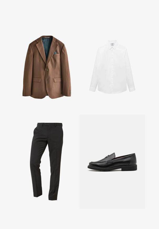 Brązowa marynarka uszyta z materiału o gładkiej fakturze. Zapięcie na jeden guzik, dwie przednie kieszenie oraz widoczna od wewnątrz podszewka w niebieskozielony wzór.; Biała koszula z długim rękawem, wykonana z gładkiego materiału, z klasycznym kołnierzykiem, zapięciem na guziki i zaokrąglonym dołem. Minimalistyczny design bez wzorów.; Next Trousers - Suit Trousers   Slim Fit - Spodnie garniturowe; Czarne syntetyczne mokasyny z wyraźnym przeszyciem z przodu, wyściełaną wkładką i płaską gumową podeszwą; smukły design z minimalnymi detalami.