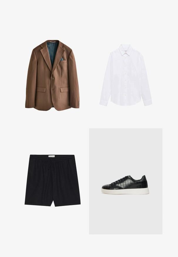 Rjav blazer iz tkanine z gladko teksturo. Zapiranje z enim gumbom, dva sprednja žepa in notranja podloga s turkiznim vzorcem.; Bela srajca z dolgimi rokavi iz bombažnega blaga. Ima koničast ovratnik, zapiranje na gumb in enojne manšete. Minimalistična zasnova brez vzorcev.; Črne kratke hlače z elastičnim pasom in vrvico za zategovanje, z gladko teksturo in ravnim krojem, primerne za sproščeno nošenje.; Črne športne copate z zgornjim delom iz teksturirane usnjene tkanine s kroko, zaobljenim nosom in kontrastnim belim gumijastim podplatom z gladko površino.