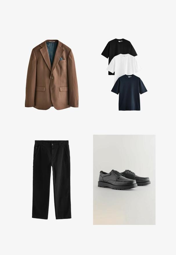 Brun blazer lavet af stof med glat tekstur. Enkelt knaplukning, to forlommer, og et teal mønsterforet synligt indeni.; Tre kortærmede t-shirts stablet: en sort, en hvid og en navy. Lavet af bomuld med rund hals og afslappet pasform.; Sorte bomuldsbukser med lige ben-design, der har en frontknaplukning, skrå sidelommer og subtile sydetaljer.; Sorte lædersko med struktureret overdel, rund tå, snørebåndsdesign og tykke gummisåler med et slidbanemønster.
