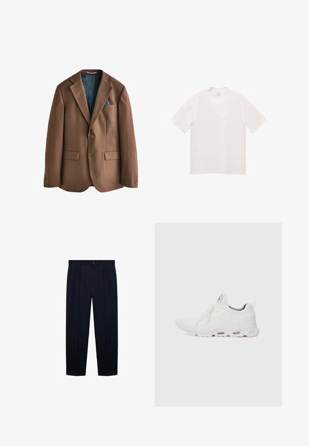 Blazer marrone realizzato in tessuto con una finitura liscia. Chiusura con un singolo bottone, due tasche frontali e un rivestimento interno a motivo teal visibile.; T-shirt bianca a maniche corte realizzata in tessuto morbido. Collo a giro, taglio dritto, senza motivi visibili o dettagli metallici.; Pantaloni blu navy con frontale piatto realizzati in tessuto leggero e dalla texture liscia; presentano una chiusura con bottone e due tasche laterali.; Scarpe atletiche bianche con tomaia in maglia testurizzata, lacci piatti e una suola ammortizzata con camere d'aria visibili per un supporto aggiuntivo.