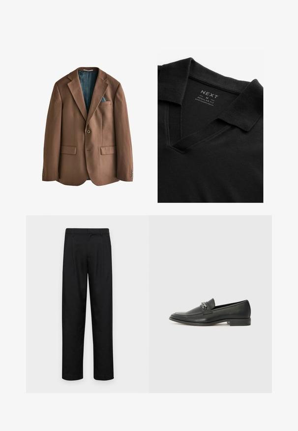 Hnedý blejzer z hladkej tkaniny. Zapínanie na jeden gombík, dve predné vrecká a viditeľné vnútorné podšívka s teal vzorom.; Čierne polo tričko s výstrihom do V a textúrovanou tkaninou. Obsahuje preložený golier a štítok s informáciami o značke a veľkosti. Štandardný strih.; Čierne nohavice vyrobené z hladkej tkaniny, s rovnými nohavicami, dvoma prednými skladmi a štandardným pásom s pútkami na opasok.; Čierne kožené loafers s hladkým povrchom, s prešitým dizajnom a dekoratívnym kovovým reťazovým akcentom cez priehlavok. Plochý podpätok.
