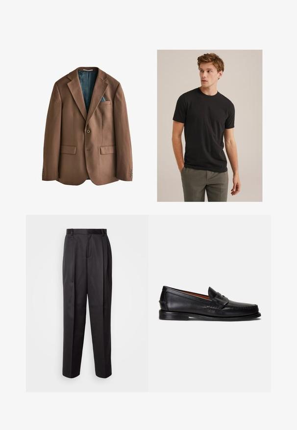 Brun blazer lavet af stof med glat tekstur. Enkelt knaplukning, to forlommer, og et teal mønsterforet synligt indeni.; Ung mand med krøllet lysebrunt hår iført sort kortærmet t-shirt og grå bukser, ser mod venstre med hænderne i lommerne.; Sorte bukser lavet af et glat stof, med lige snit, frontfolder og bæltestropper, samt en skræddersyet og struktureret design.; Sorte læderloafer med en glat finish, rundet tå og et dekorativt bånd over overdelen. Har en lav sort sål.
