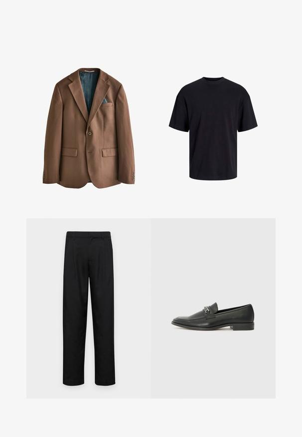 Bruine blazer gemaakt van stof met een gladde textuur. Eén knoopsluiting, twee voorzakken en een zichtbaar turquoise patroonvoering aan de binnenkant.; Zwarte katoenen t-shirt met een ronde halslijn, korte mouwen en een relaxte pasvorm. Glad textuur en geen zichtbare patronen of accenten.; Zwarte broeken van gladde stof, met een recht model, twee voorknikken en een standaard tailleband met riemlussen.; Zwarte leren instapper met een gladde afwerking, voorzien van een gestikt ontwerp en een decoratieve metalen kettingaccent over de wreef. Platte hak.