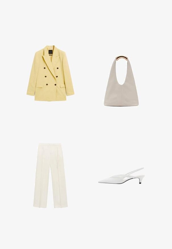 Dvoubarevný žlutý blejzr z lehkého materiálu s velkými hnědými knoflíky, klopami a dvěma předními kapsami.; Bílý krátký rukáv V-krk tričko vyrobené z bavlny, s minimalistickým designem a hladkou strukturou, s rovnými lemy a bez ozdob.; Kalhoty s širokými nohavicemi v světle krémové barvě. Vyrobené z hladké tkaniny s záhyby vpředu a bočními kapsami.; Bílé slingback podpatky se špičatou špičkou, s hladkým svrškem, jemnými výřezy a nízkým blokovým podpatkem. Černá podrážka zvýrazňuje design.; Světlá šedá kožená taška s U-tvarovaným designem a zakřivenou kovovou rukojetí. Hladký povrch s minimálním šitím a bez viditelných vzorů.