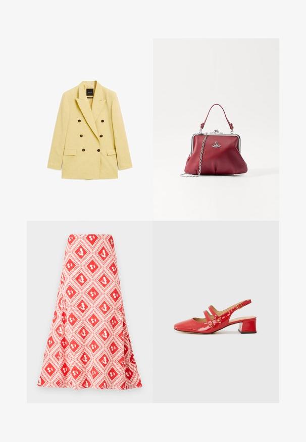 Dubbelt knäppt gul kavaj i lättviktig tyg med stora bruna knappar, slagkrage och två framfickor.; Röd kortärmad topp i slät tyg med fyrkantig halsringning och figurnära silhuett, med rena, raka fållar.; Röd och vit mönstrad kjol med diamantdesign och små blommotiver samt en utställd form, tillverkad av ett mjukt tyg.; Röd patenterad läderslingback med spetsig tå, två remmar med cirkulära accenter och en låg klack.; Röd läderhandväska med en silverfärgad kedjespets, rundad form, veckad design och en metallklämma på toppen. Försedd med en logotypdetalj.