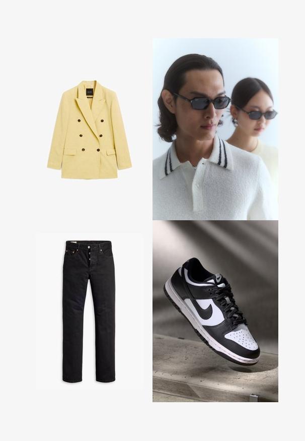 Dubbelzijdig gele blazer van lichtgewicht stof met grote bruine knopen, notch revers en twee voorkeurszakken.; Witte t-shirt met korte mouwen, gemaakt van zachte katoen, met een ronde halsline en raglanmouwen. Het heeft een ontspannen, rechte snit en is zonder patronen.; Zwarte denim jeans met een rechte snit, vijf-pocket ontwerp en een knoopsluiting. Beschikt over koperen klinknagels en stikselaccenten.; Zwart-witte Nike Dunk Low sneaker met een leren bovenwerk, geperforeerde neus, en zwarte veters, met een witte zool en logo-accenten.; Zwarte zonnebril met rechthoekige lenzen, gedragen met een witte, gestructureerde poloshirt met een gestreepte kraag. Een tweede figuur in een licht top is wazig op de achtergrond.; Zwarte leren handtas met lange handgrepen, rechthoekige vorm, gladde textuur en schuine zijkanten, met een minimalistisch ontwerp en geen zichtbare hardware.