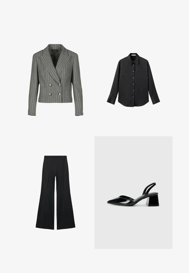Siv obrubljen dvoredni blejzer z vzorcem pinstripe, ki ima izrezan ovratnik, dve sprednji žep in srebrne gumbe.; Črna majica z dolgimi rokavi iz gladkega materiala, z klasičnim ovratnikom, sprednjim zapiranjem na gumbe z zlatimi gumbi in širokimi manšetami.; Črne široke hlače z gladko teksturo, ki imajo sprednje nabore in kroj po meri. Tkanina je lahka in zračna.; Črne lakirane slingback pete s koničastim nosom in geometrijsko blokasto peto. Imajo eleganten, minimalističen dizajn in gladko teksturo.