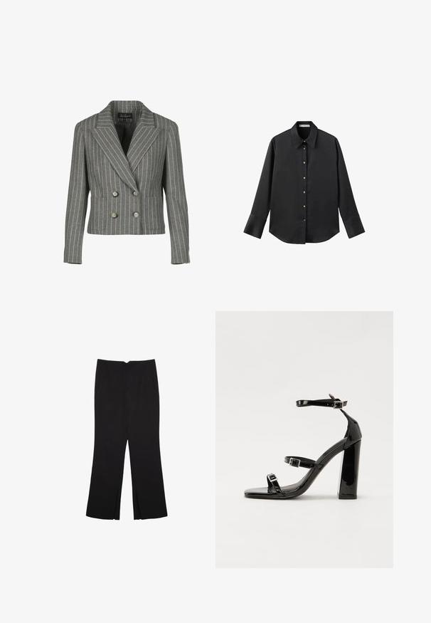 Siv obrubljen dvoredni blejzer z vzorcem pinstripe, ki ima izrezan ovratnik, dve sprednji žep in srebrne gumbe.; Črna majica z dolgimi rokavi iz gladkega materiala, z klasičnim ovratnikom, sprednjim zapiranjem na gumbe z zlatimi gumbi in širokimi manšetami.; Črne hlače ravnega kroja z naglavnimi žepi in stranskimi razporki na robu. Narejene iz mehke, gladke tkanine. Primerne za različne priložnosti.; Črne lakaste sandale z visokimi petami, z dvema trakovoma z zaponkama, kvadratnim sprednjim delom in masivno širšo peto, z gladko, sijočo teksturo.