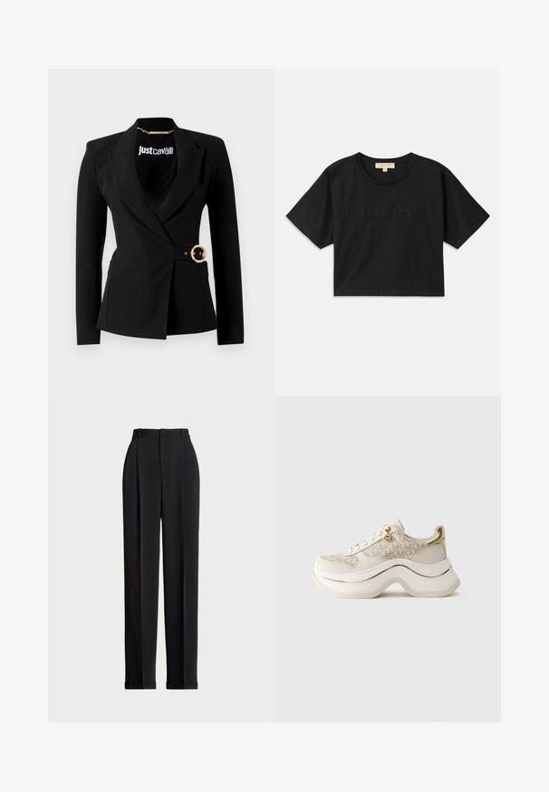 Juodas pritaikytas bleizeris su apvyniotu dizainu, auksiniu apvaliu diržo sagtimi, išpjautomis apykaklėmis ir ilgomis rankovėmis. Lygus tekstūruotas audinys.; Juoda trumpa medvilninė marškinėliai. Suapvalintas iškirpimas ir trumpomis rankovėmis. "MICHAEL KORS" išsiuvinėta atitinkamos spalvos priekyje.; Juodos pritaikytos kelnės su aukštu liemeniu, su klostėmis priekyje, tiesaus kirpimo ir užlenktais kraštais. Pagamintos iš lygaus audinio.; Bežiniai ir auksiniai platforminiai sportbačiai su "MK" raštu, su raišteliais, auksine pakabuke ir storu banguotu padu, prieš paprastą foną.